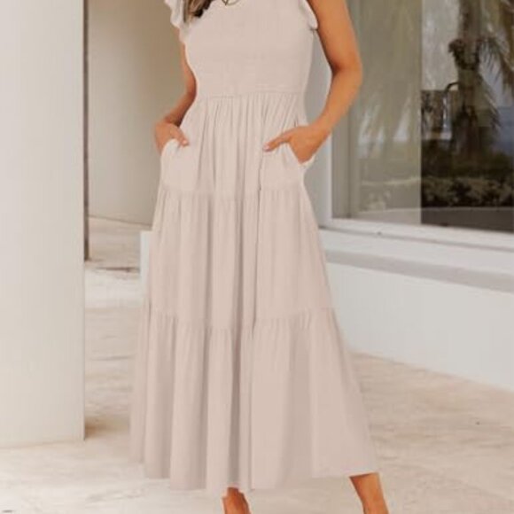 Flutter Sleeve Smocked Midi Dress Tiered Skirt Elastic Waist Cottagecore Chic - Picture 4 of 8